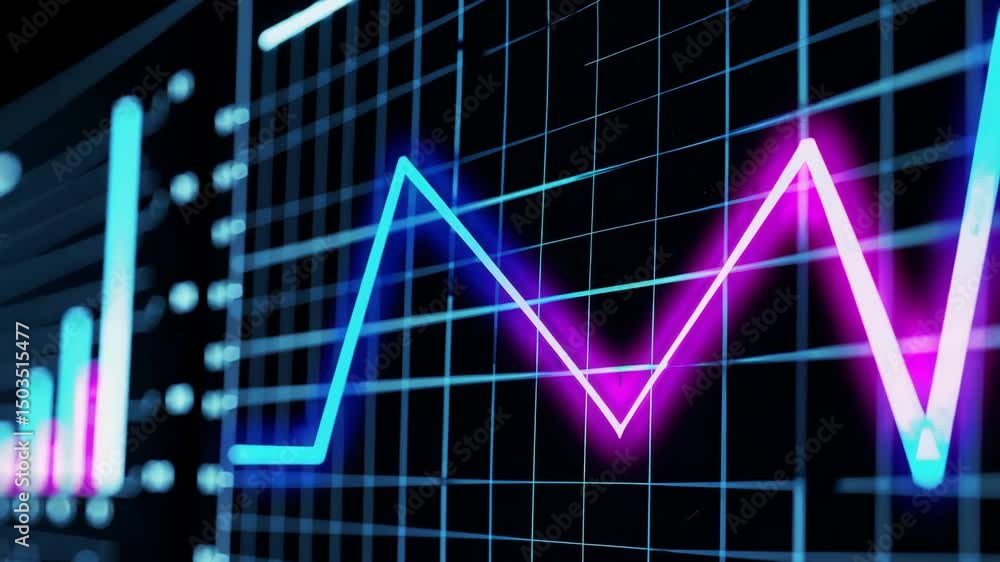 Poster dynamic vibrant financial graph with oscillating neon lines and bars