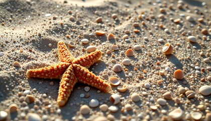 a sun drenched summer seashore scene brimming with intricate starfish and scattered shells, cradled by glistening, textured sand, shot at a dramatic dutch angle from a high aerial perspective