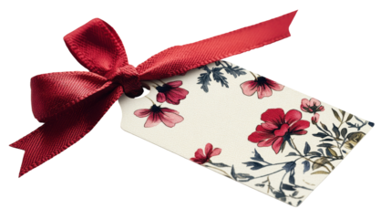 Elegant floral gift tag with a red ribbon bow featuring vintage style flowers and leaves on a transparent background for versatile decoration needs