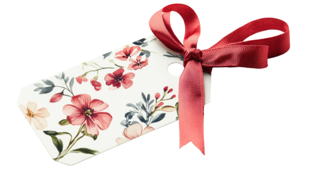 Elegant floral gift tag with a red ribbon bow featuring vintage style flowers and leaves on a transparent background for versatile decoration needs