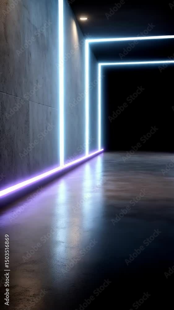 Poster illuminated concrete corridor with a sequence of square light frames leading to a black space and gr