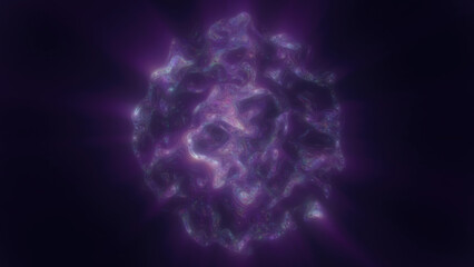A purple glowing fragmented sphere, resembling a futuristic energy core suspended in darkness