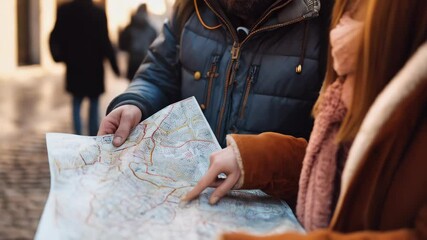Young couple looks at paper map while exploring unfamiliar territory, wearing winter clothing and navigating city streets on a trip.