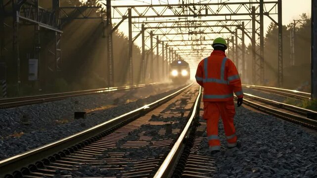 Worker walks along sunlit railway track as train approaches at dusk