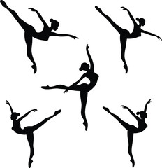 Five black silhouette figures of female dancers in various poses against a white background in a pattern