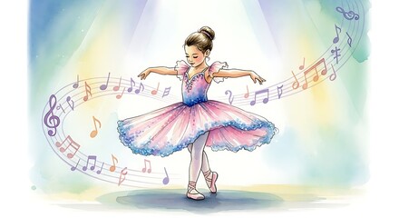 A Ballerina gracefully dancing with musical notes flowing around her. She wears a pink tutu, embodying elegance and grace