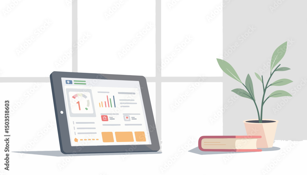 Poster minimalist tablet interface displaying daily planner, digital productivity