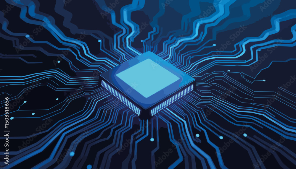 Poster modern tech computer chip with neural pathways, visual innovation