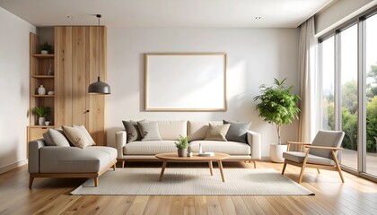 Fototapeta premium Scandinavian Living Room Poster Blank Frame Mockup