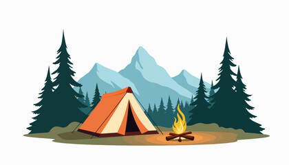 Outdoor camping scene with tent and campfire, digital detox concept