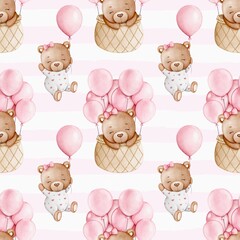 Seamless Pattern with Watercolor Teddy Bear Girl in Hot Air Balloon and Pink Balloons