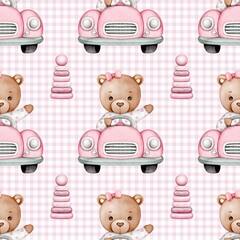 Seamless Pattern with Watercolor Teddy Bear Girl in Pink Car and Toys
