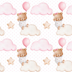 Seamless Pattern with Watercolor Teddy Bear Girl on Cloud with Balloons and Stars