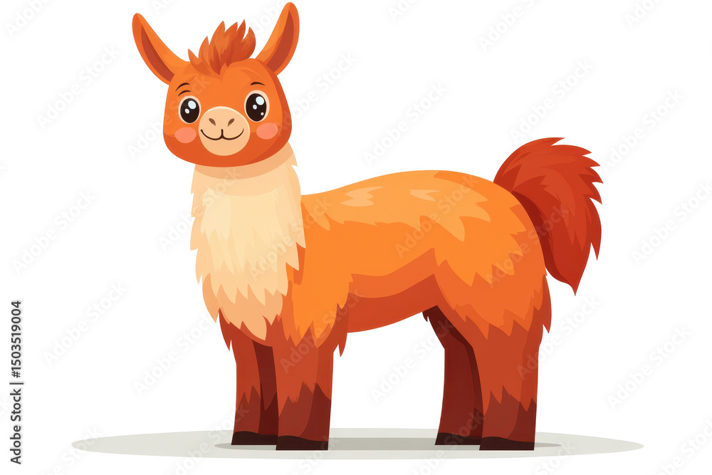 Poster Cute cartoon llama character design with a happy expression set against a transparent background for creative projects, illustrations, and educational materials