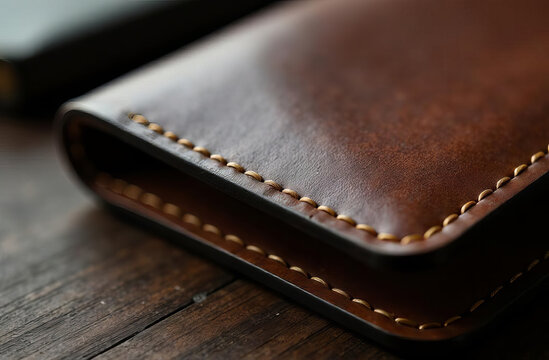 A leather wallet in a man's hands. Brown leather wallet. Minimalist wallet close-up.