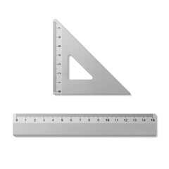 Metal ruler and 45 degree triangle ruler isolated on a transparent background, PNG. High resolution.