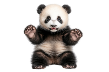Cute cartoon panda character sitting happily with a playful expression, featuring a transparent background for versatile use in various designs and projects