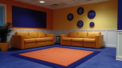 Rehabilitation center mural of abstract wellness recovery motif brightens common area Fluid shape medical symbols wall inspire hope resilience progress creating uplifting backdrop patients staff alike