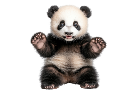 Cute cartoon panda character sitting happily with a playful expression, featuring a transparent background for versatile use in various designs and projects