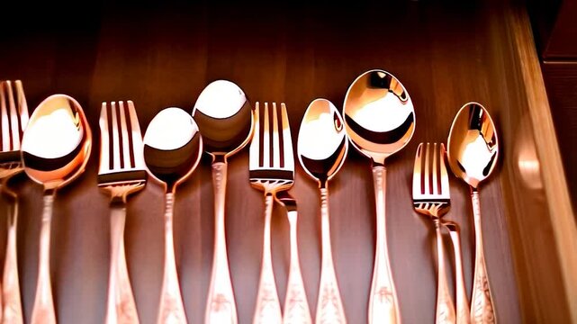 Gold-toned silverware in a wooden drawer