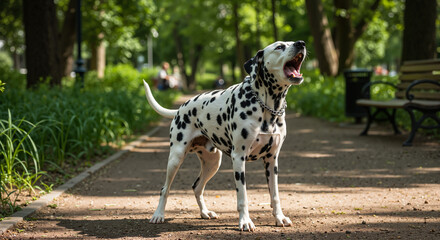 Dalmatian dog barking in a green park on a sunny day  