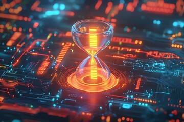 Futuristic Hourglass on Glowing Circuit Board, Time and Technology Concept