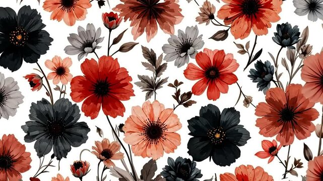 A floral pattern with orange red black and gray flowers on a white background in a seamless design