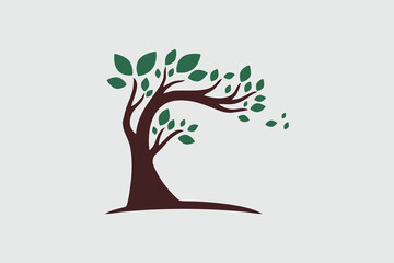 Tree Logo with Fallen Leaves Blown by the Wind