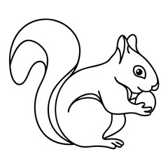 Squirrel eating nut, line art illustration, black and white, for children's books
