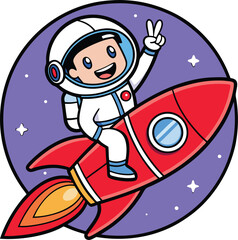 Cartoon astronaut riding a red rocket ship with a purple background and stars making a peace sign