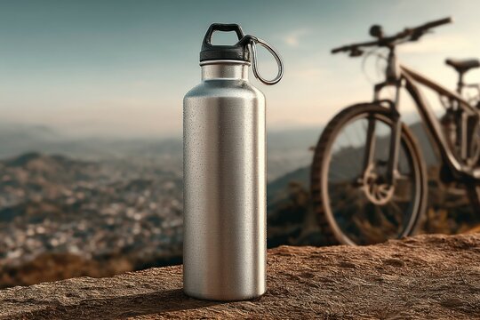 Hydration bottle on a mountain with a blurred bicycle background