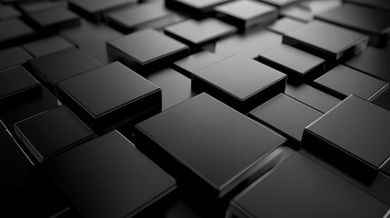 A dark surface with many shiny black cubes on the surface