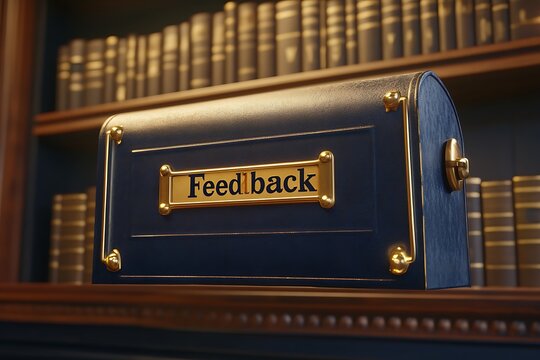 Feedback Box: Library Setting, Dark Blue Chest, Gold Accents, Open Bookcase.