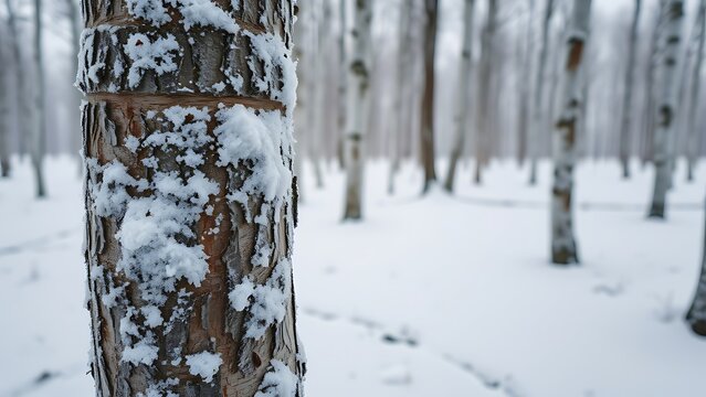 Close-up of a snow-covered tree trunk in a winter forest. - Powered by Adobe