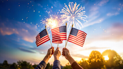 Photo of hands holding small American flags, digitally enhanced with dynamic fireworks and sparkles