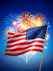 ector illustration of an American flag with dynamic fireworks bursting in the background, bold red, white, and blue palette