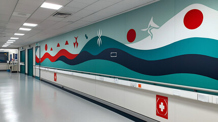 Well appointed oncology ward mural feature abstract pattern of resilience hope art placed wall visible patient us fluid line uplifting symbol create calming inspiring atmosphere support healing