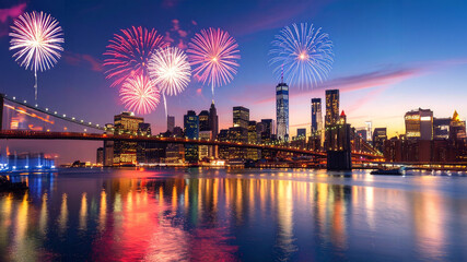 Photo of a city skyline at sunset, digitally enhanced with fireworks and red, white, and blue light streaks in the sky
