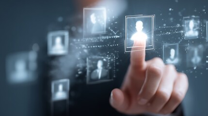 Human resource management technology (HR), Human resource manager touching human resource network structure and checks the CV online to choose the perfect employee for company, Effective recruitment