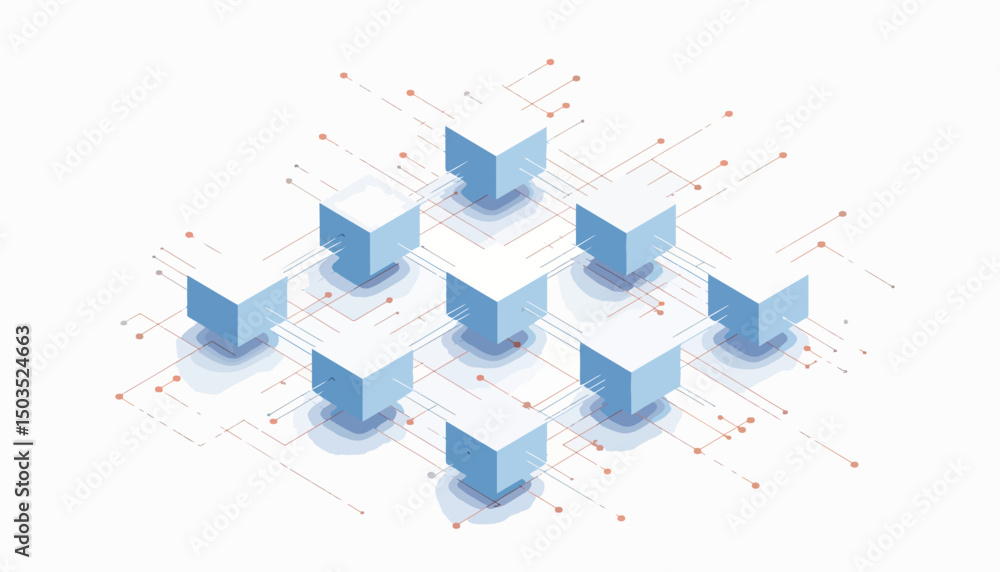 Poster abstract network of cubes showing data relationships in 3d grid, visualization