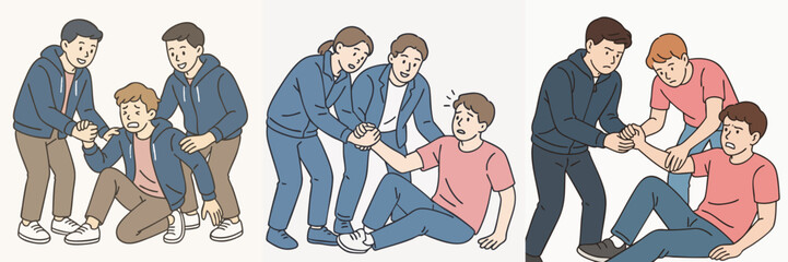 Vector collection of two students helping a fallen friend, wearing blue jackets and pink t-shirts