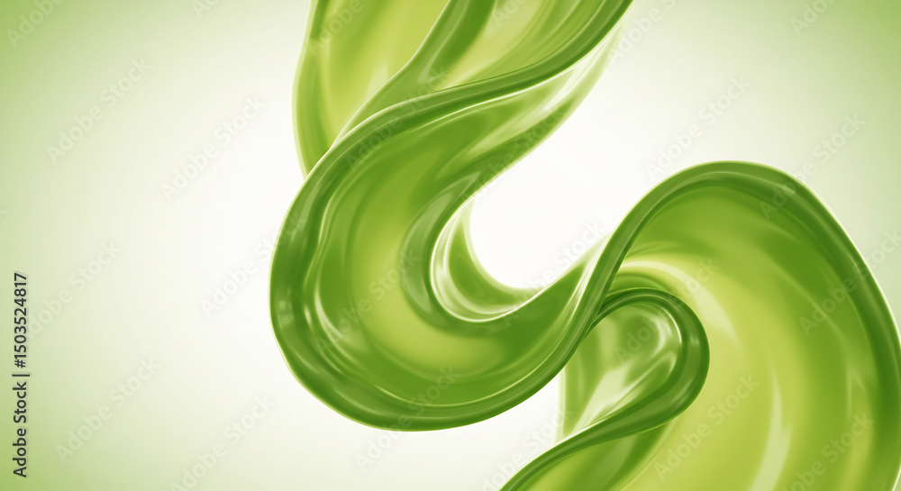 Poster abstract 3d rendering of a smooth, glossy green liquid splash or swirl. dynamic flow and vibrant col