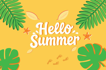 vibrant flat illustration of hello summer text with tropical green leaves, starfish, orange background and cute beach footprints for seasonal greeting card, travel banner, holiday ad or promo template