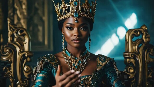Black African queen wearing jeweled crown and teal velvet robe on golden throne, commanding royal power portrait