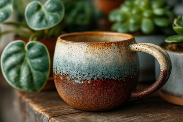 Handcrafted Ceramic Mug with Earthy Glaze Surrounded by Green Plants on a Wooden Surface