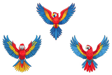 Obraz premium A cartoon Macaw with its wings spread out, Scarlet macaw flying, cartoon bird of tropical jungle. Big yellow, red and blue parrot, flight of cartoon scarlet macaw, set