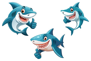 Fototapeta premium Cute shark with open mouth and showing sharp teeth character giving a thumbs up with smile, showing approval on white background, set