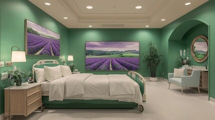 Shared patient room feature large format abstract art depicting field of lavender rolling hills muted purples greens providing communal sense of peace unity Color Palette Muted purple green highlights
