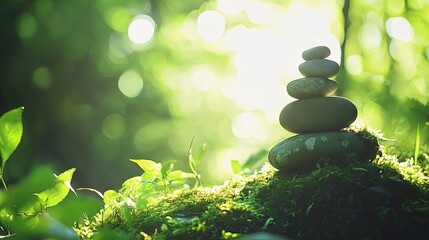 Stacked stones in a tranquil forest setting.