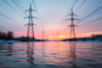 Transmission tower view. Evening landscape at sunset with blurry Electric towers. Transporting electrical energy.